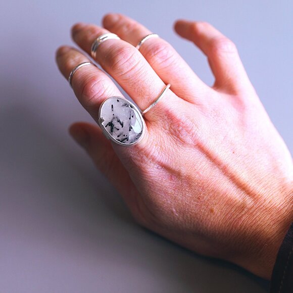 Tourmalinated Quartz Crescent Moon Ring SZ 7.5 Handmade by Me Sterling Silver - Picture 3 of 7